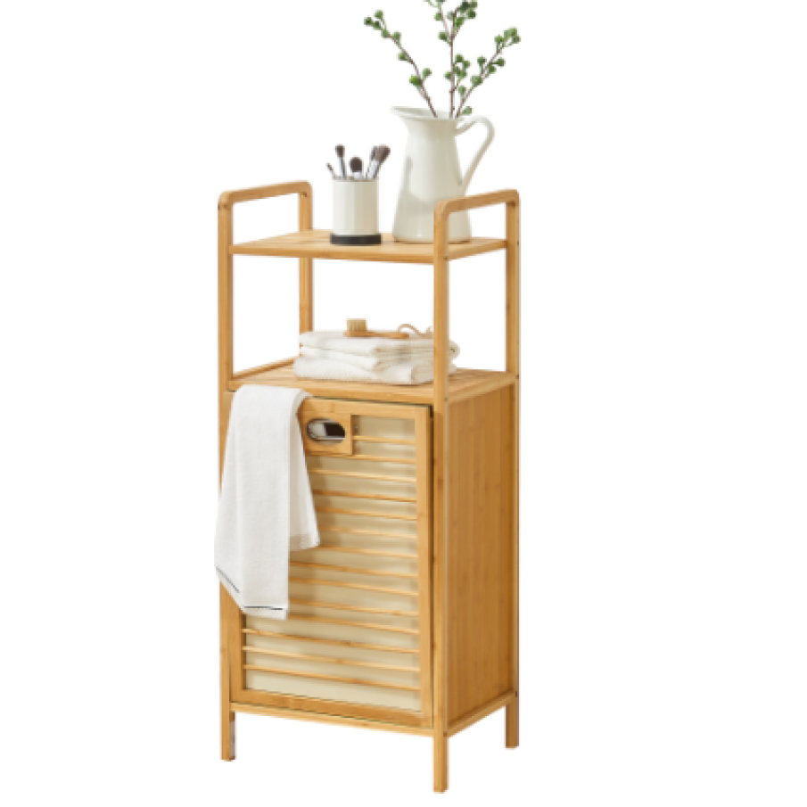 Coș rufe, en.casa, Rendalen, 40 x 30 x 95 cm, bambus, natur, cu sac colector detașabil și raft