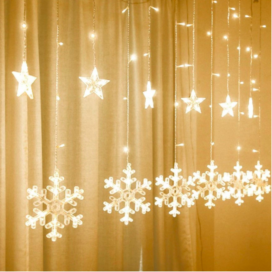 Instalație pentru crăciun, perdea luminoasă cu fulgi și stele, alb rece , 3.5 metri, 8 jocuri de lumini, interconectabila, buz