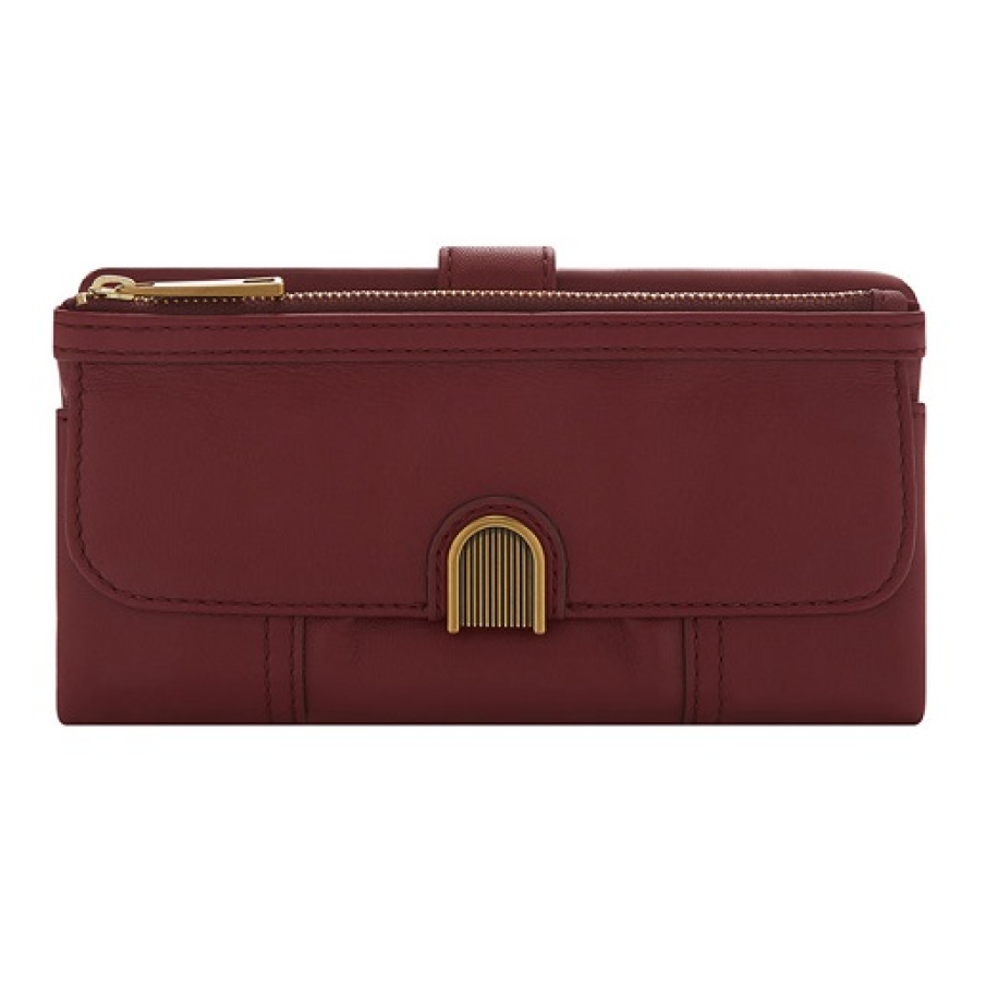 Portofel Cora Fossil într-o nuanță superbă de roșu bordeaux. Se închide cu fermoar, are sloturi de card și buzunar pentru cartea de identitate 