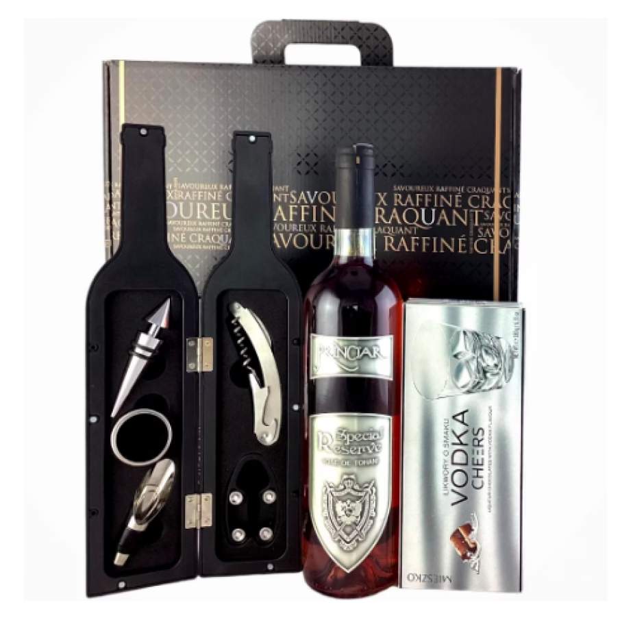 Set cadou pentru bărbați Princiar, cu vin nobil, accesorii pentru vin în cutie în formă de sticlă, praline și cutie pentru cadouri Deluxe