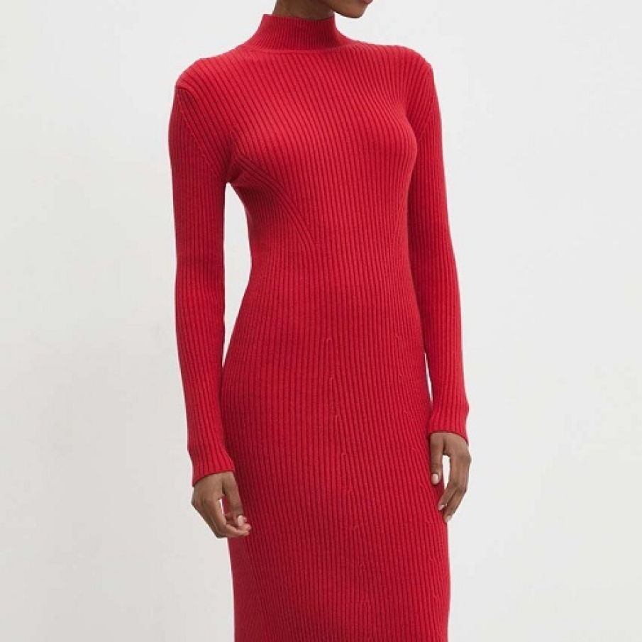 Rochie roșie midi mulată, cu mânecă lungă, din colecția Answear, Lab. Este confecționată din tricot neted