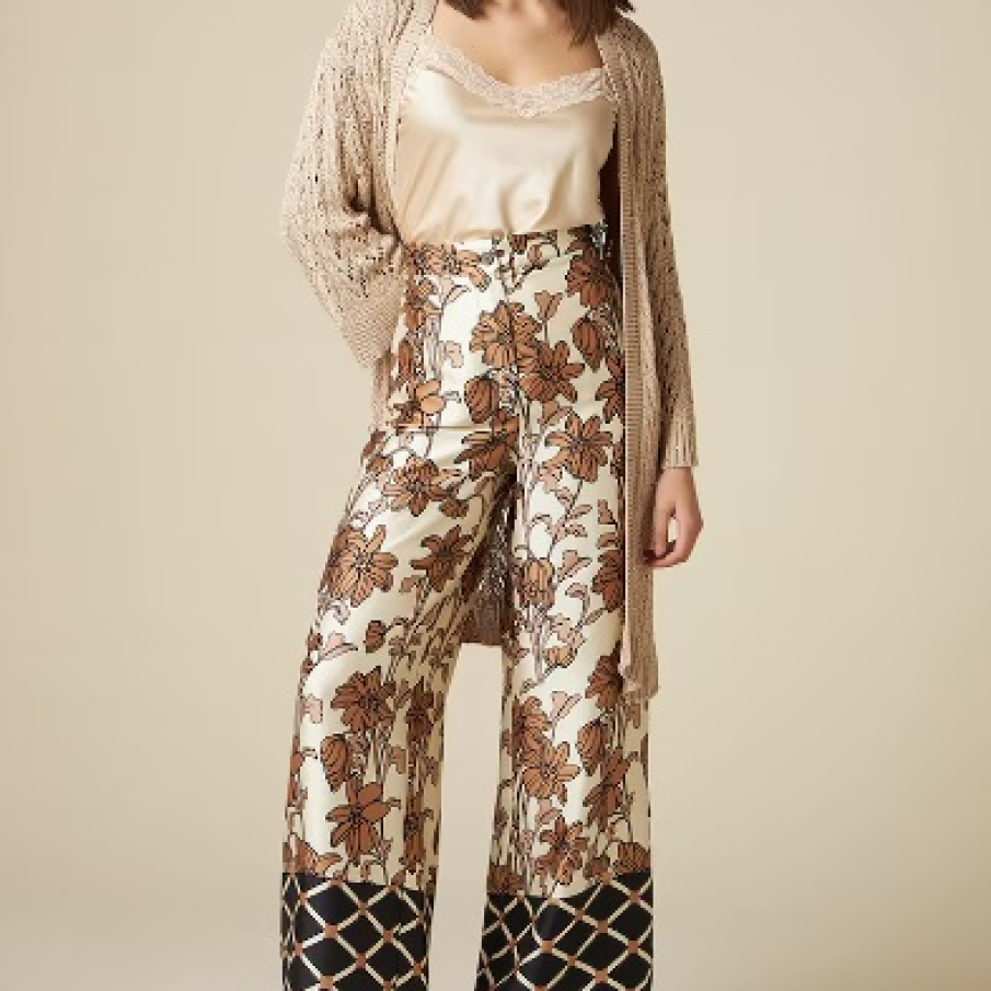Pantaloni din poliester, într-o notă predominantă de maro, cu talie înaltă și imprimeu floral + grafic