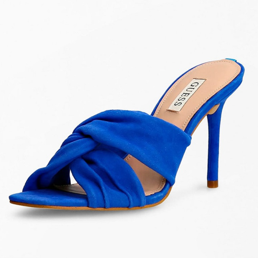 Papuci stiletto albastru intens, din piele întoarsă, cu aspect răsucit și toc cui 