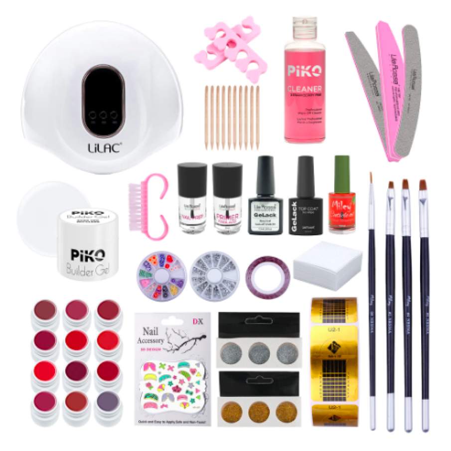 Kit unghii gel Vibrant Red, Piko, cu lampă UV LED 90 W, cu set 12 geluri color, degresant, primer, top, bază, pensule, decorațiuni
