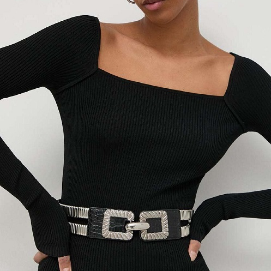 Curea neagră statement din colecția Morgan, din material și piele ecologică, cu multe detalii metalice proeminente