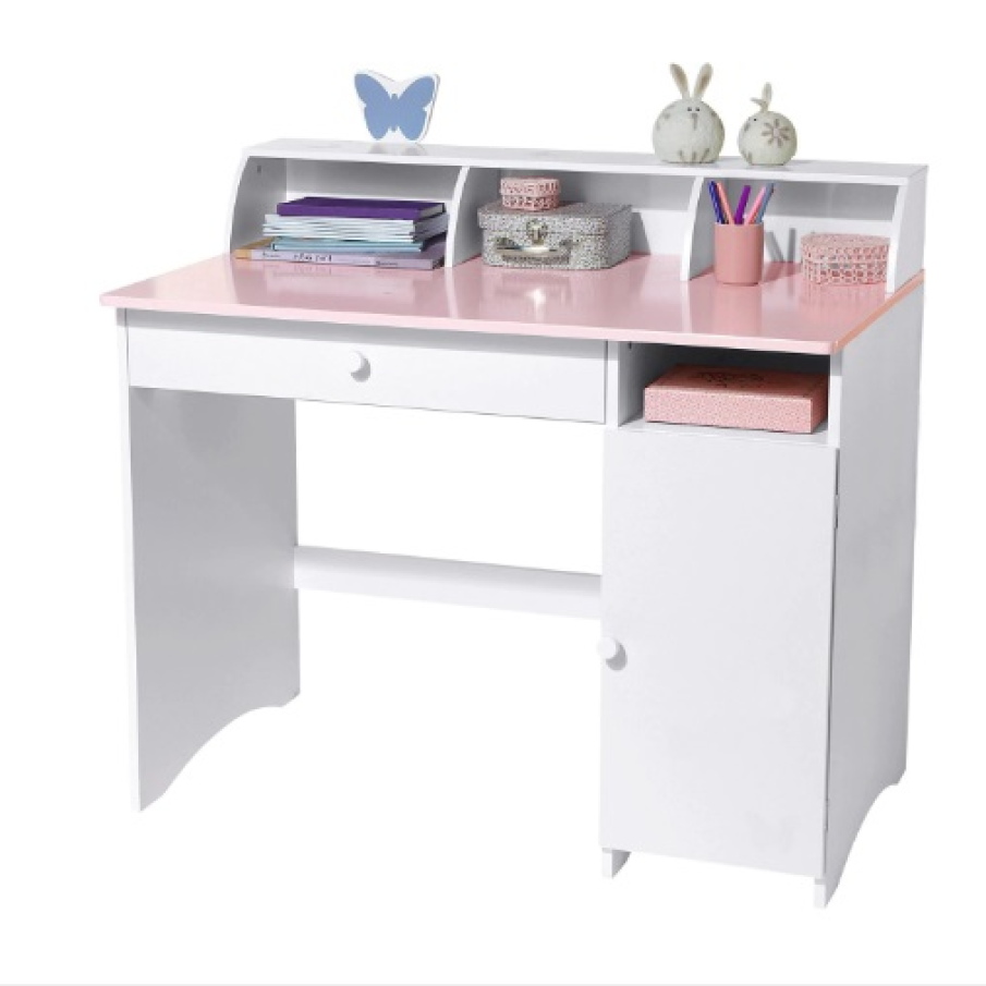 Biroul de copii Royal PAL melaminat Alb / roz Orhidee este conceput special pentru fetițe. Are dimensiunile de 110x60x75/95 cm, iar ușa are 35 de cm lățime