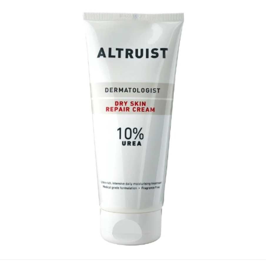 Crema dermatologică reparatoare pentru piele uscată cu 10% Uree by Atruist are o concentrație optimă de uree pentru reducerea descuamării pielii, glicerina și bisabolol. Nu conține parfum, parabeni sau iritanți. 