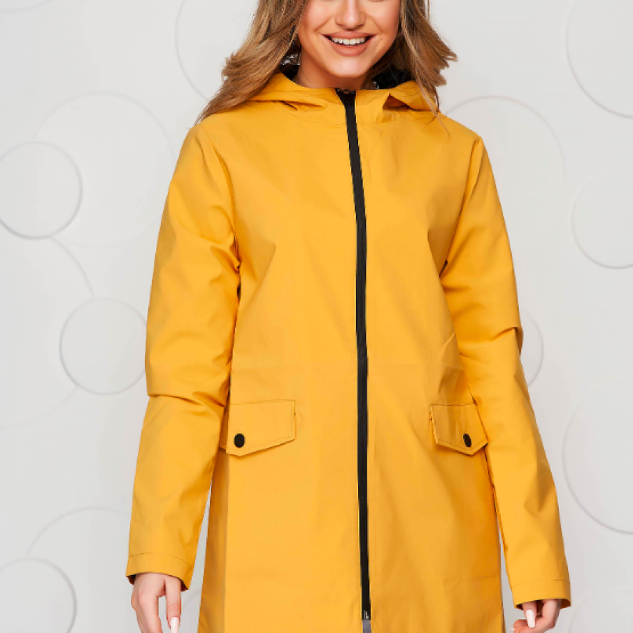 Jacheta de ploaie SunShine muștariu casual scurt, căptușit pe interior cu mânecă lungă și buzunare