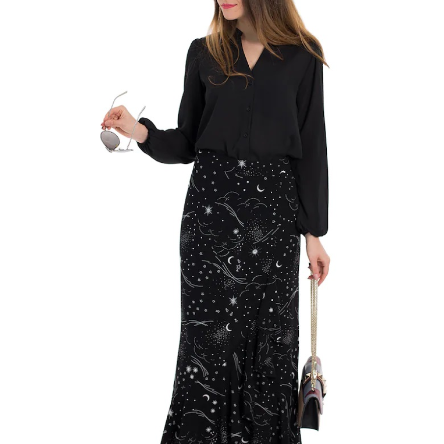 Fustă neagră RESENSE, ușor evazata, cu imprimeu alb inspirat de infinitul spațiului 