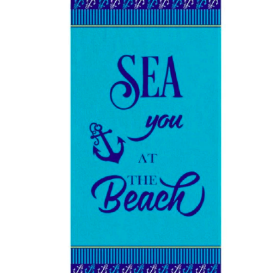 Prosop de plajă, bumbac, albastru, ''See you at the beach'', 90 x 170 cm