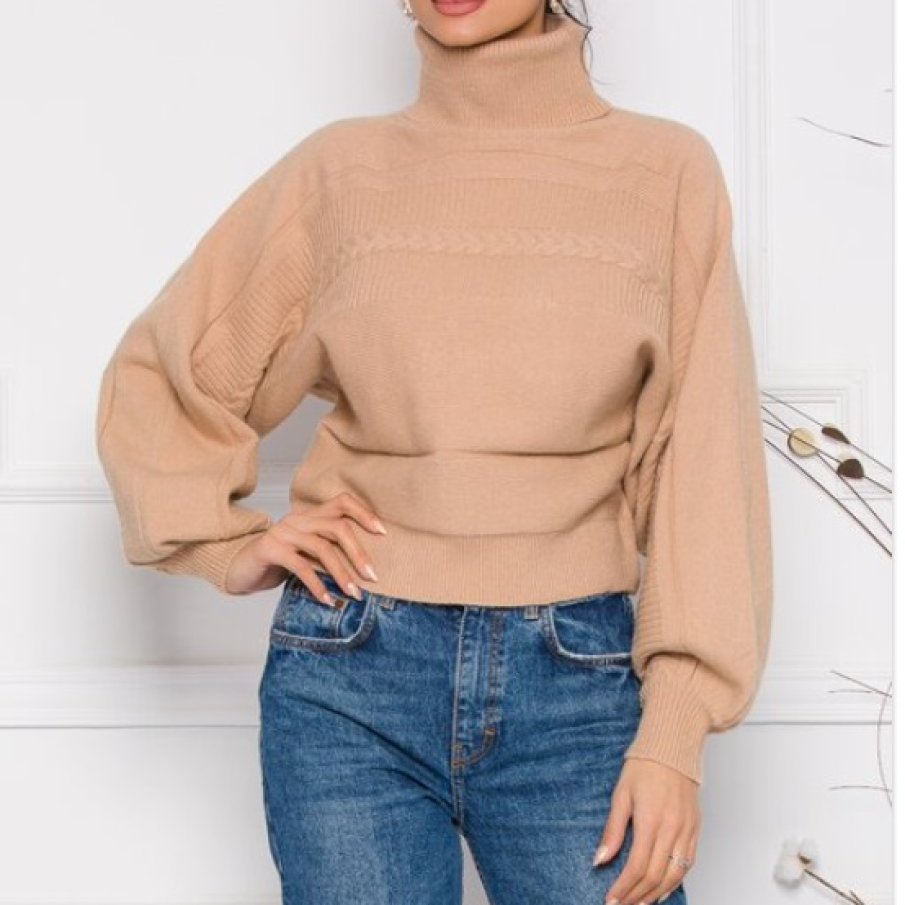Pulover bej cu guler înalt și design cu împletituri 
