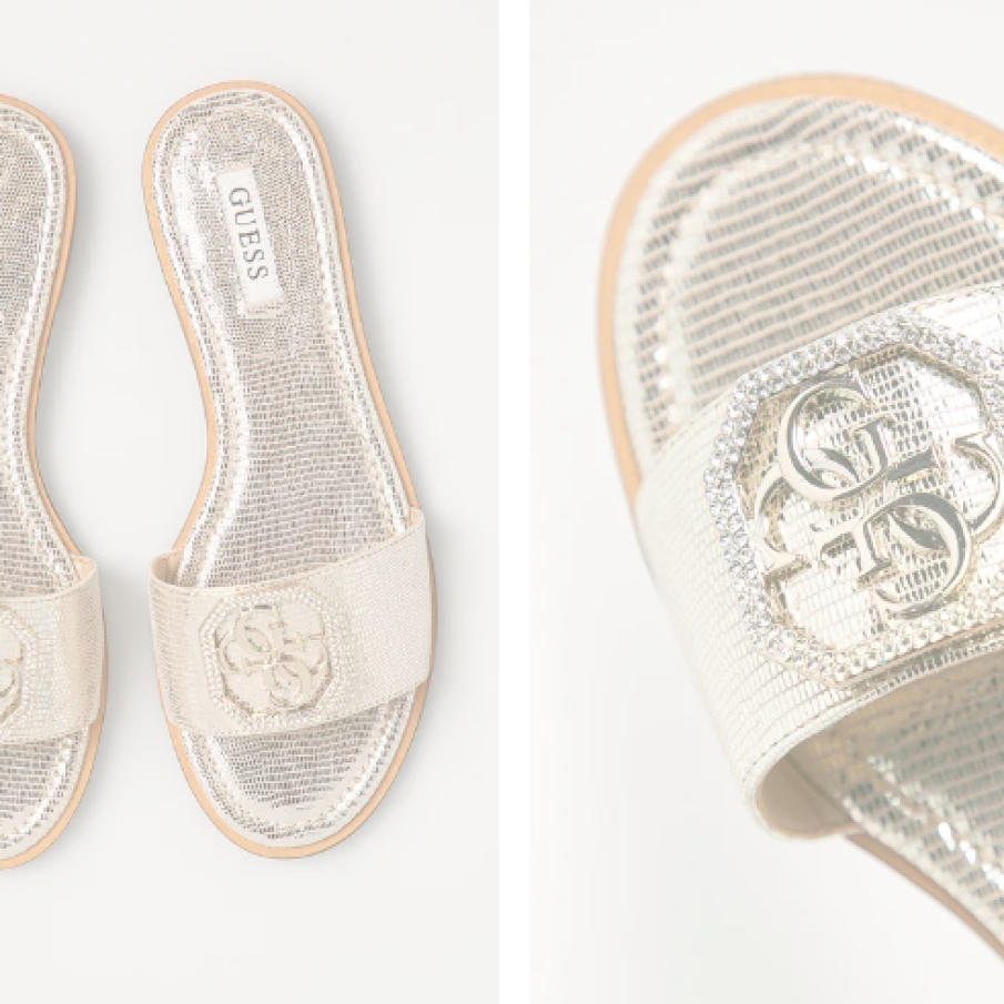 Guess - șlapi aurii din piele naturală