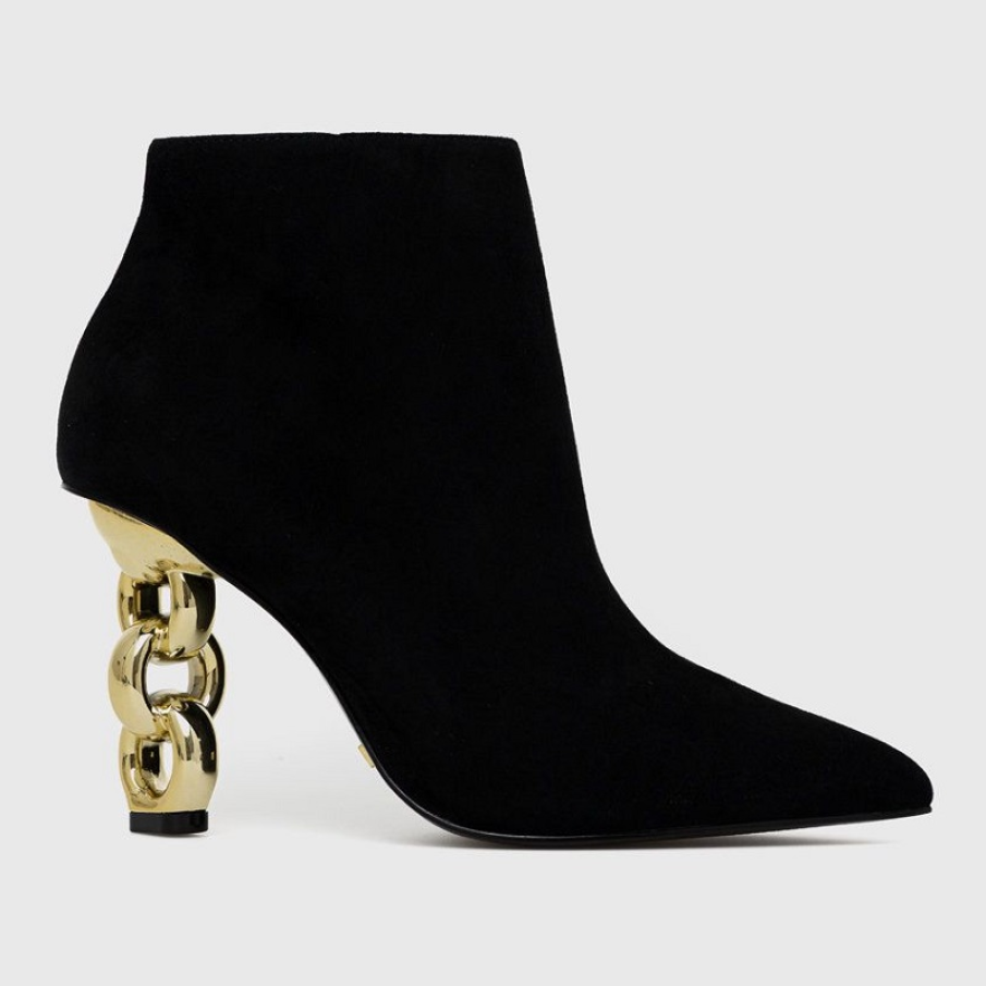 Botine negre Kat Maconie, din piele întoarsă, cu un toc inedit, drept, stabil, auriu, de efect! 