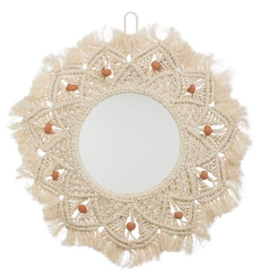 Decorațiune de perete cu oglindă din macrame cu prindere pe spate, bej, 47 cm