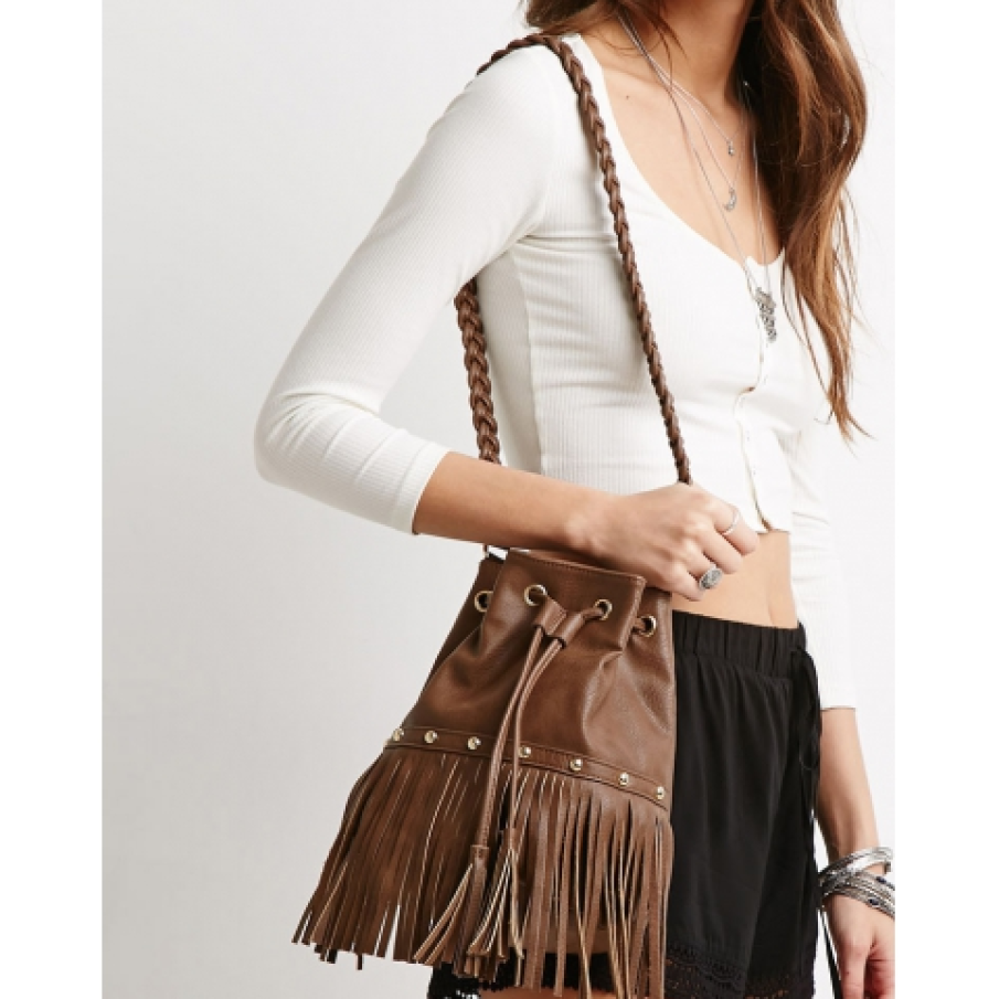 Geanta maro din piele cu franjuri