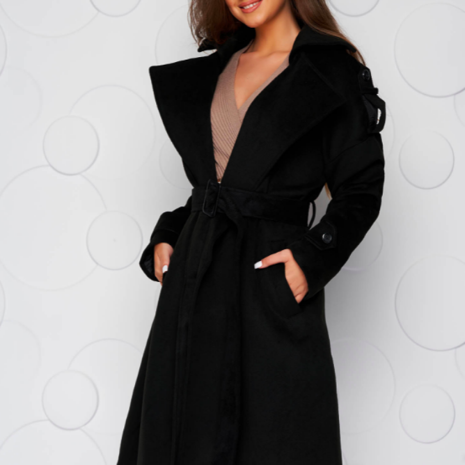 Palton SunShine negru casual lung cu croi larg din stofă și cordon detașabil