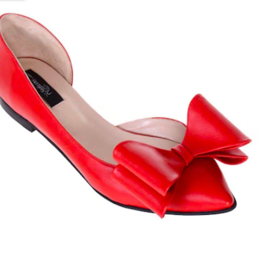 Balerini Decupați din Piele Naturală, Roșu, cu fundă supradimensionată