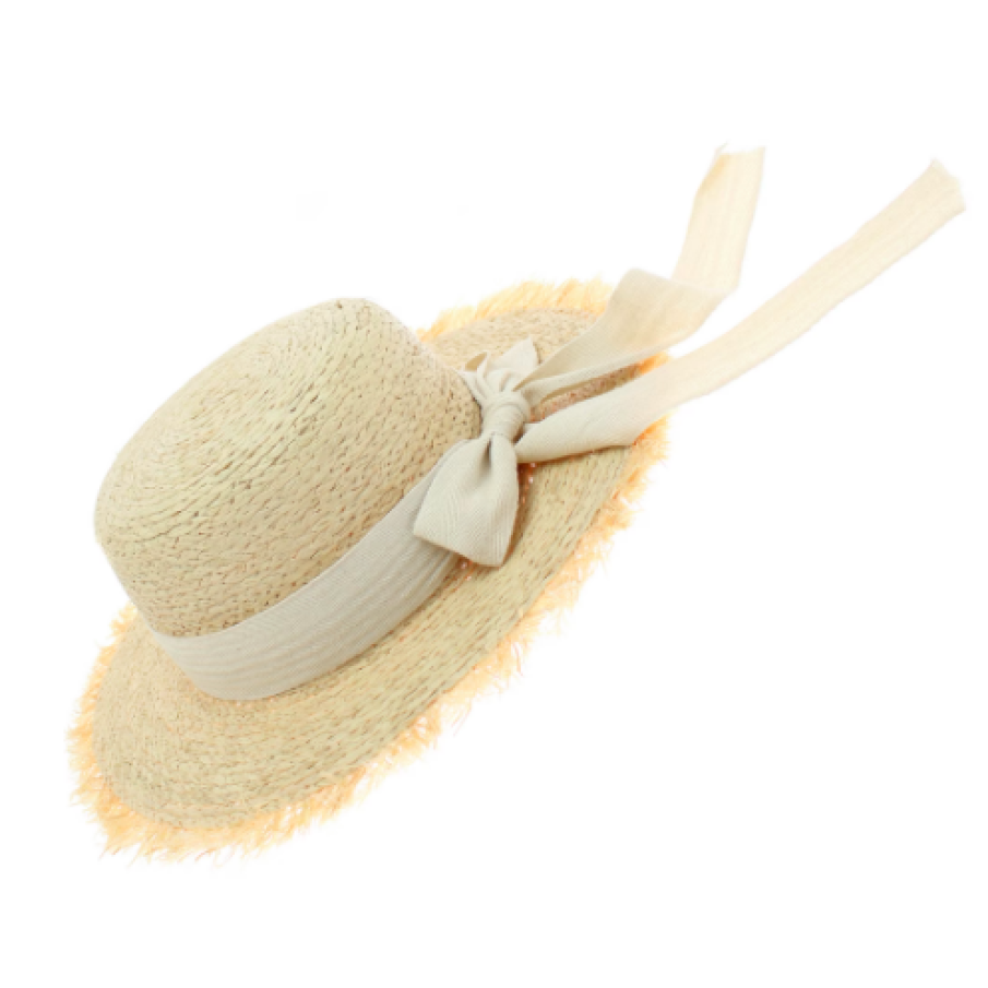 Pălărie de soare, damă, bor mare, ButicCochet, din paie, mărime universală, cu bandă textilă decorativă, Bej