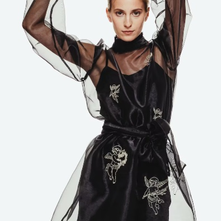 Rochie mini neagră AURE, cu imprimeu grafic și cu strat exterior din tul
