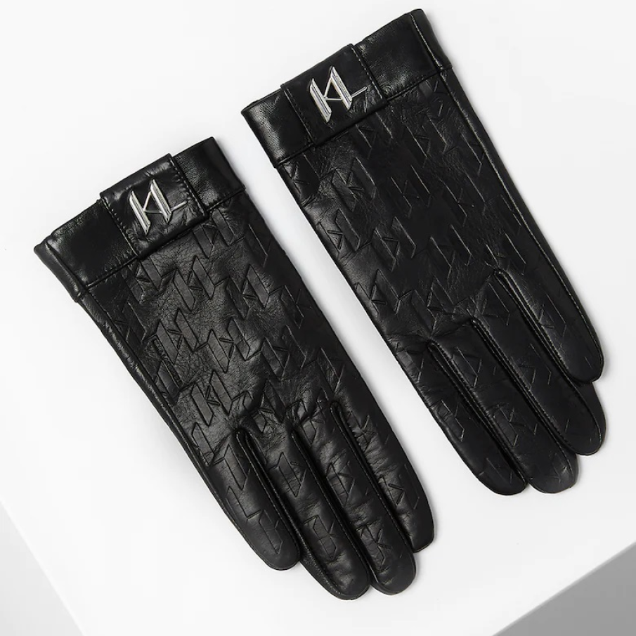 Mănuși negre de piele Karl Lagerfeld, cu logo ștanțat și aplicație cu logo metalic