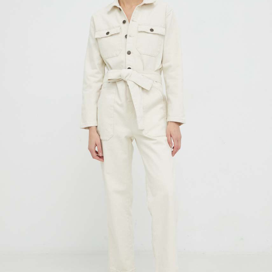 Salopetă American Vintage în nuanță de bej, cu guler, picior drept, buzunare oblice pe piept și cordon în talie