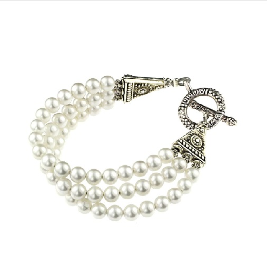 Brățară multisir din perle albe de Mallorca și elemente metalice argintii, antichizate