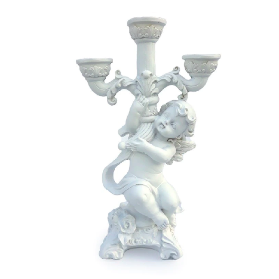 Sfeșnic din rășină cu suport pentru trei lumânări și înger, 25cm