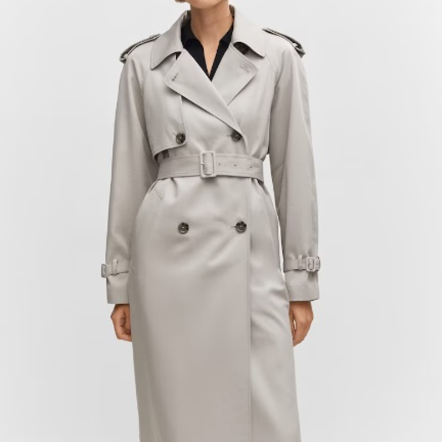 Trenci gri deschis melange cu două rânduri de nasturi și curea în talie de la Mango 