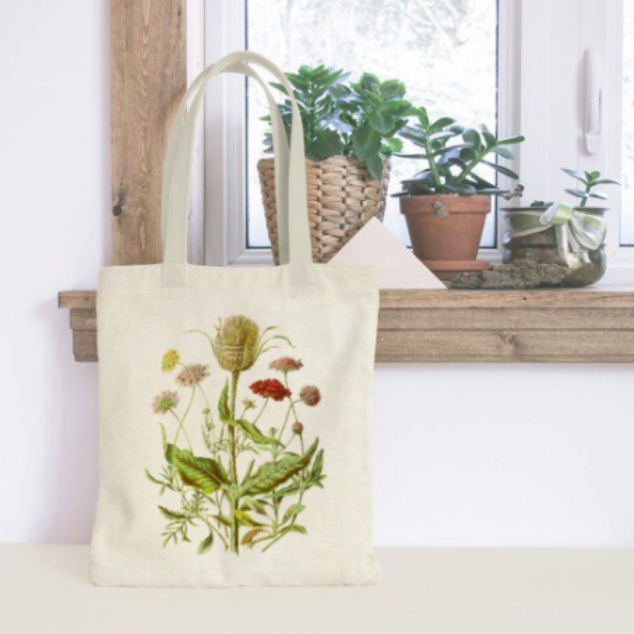 Sacoșă din pânză ecologică Skona Ting, 38 x 42 cm, Buchet cu ciulini