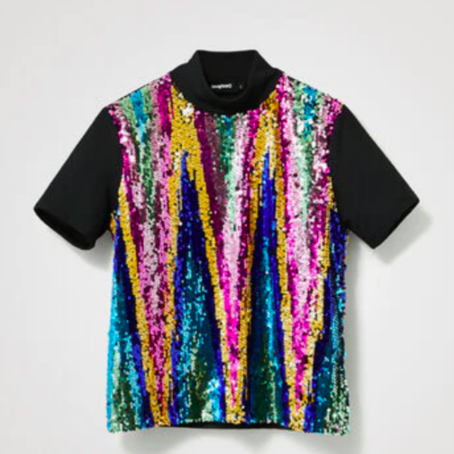 Bluză cu guler înalt și paiete, Desigual, Regular fit, Negru