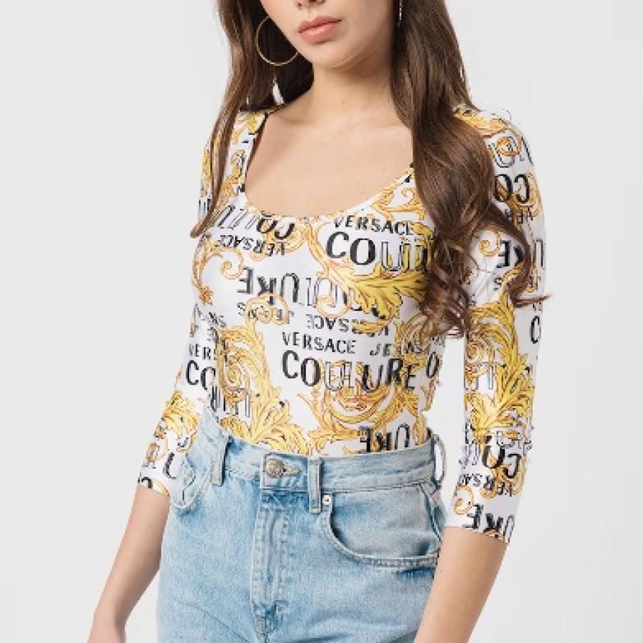 Body cu imprimeu galben vegetal by Versace Jeans Couture și decolteu rotund amplu