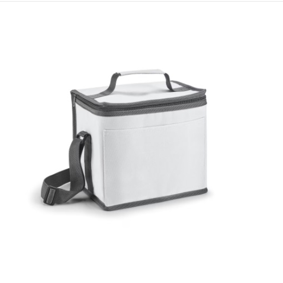 Geantă termică albă cu curea reglabilă și buzunar frontal, cu o capacitate de 9 L. Are un design funcțional, minimalist