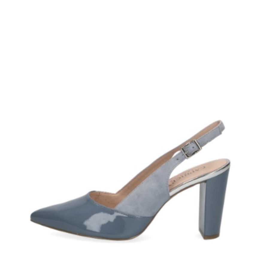 Pantofi slingback Caprice, cu toc înalt și gros și vârf ascuțit. Au un design modern, în două nuanțe de albastru prăfuit.