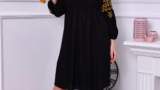Rochie neagră stil ie cu broderie galbenă, mânecă lungă