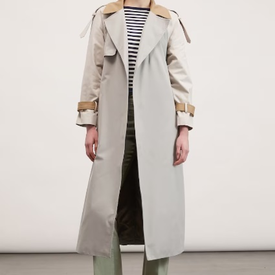 Trenci lung Motivi în nuanță de gri cenușiu, cu guler și manșete bej și cordon în talie