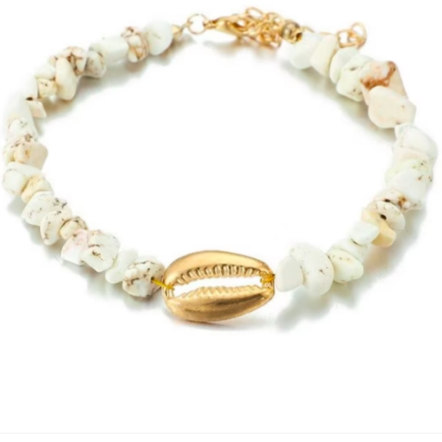 Brățară picior cu scoici Ecarla, 20 cm, Alb/Aurie