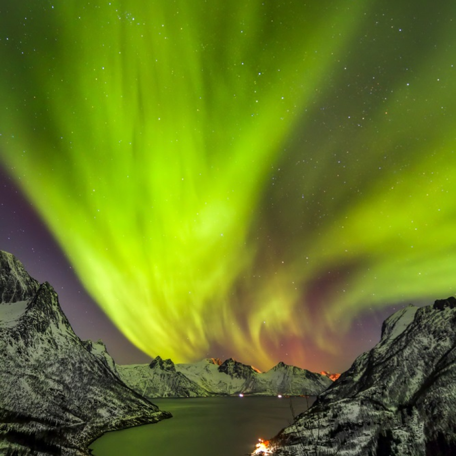 Fuiorul verde de lumina de deasupra insulei Senja, Norvegia
