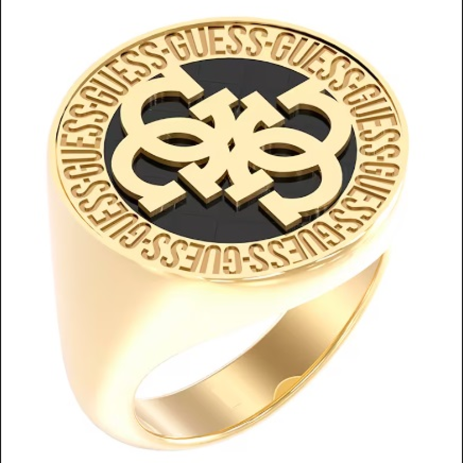 Inel auriu din oțel inoxidabil cu logo și aspect în basorelief pe un fundal negru 