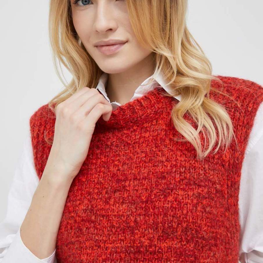 Vestă roșie United Colors of Benetton confecționată din tricot de grosime medie, având în compoziție 30% mohair