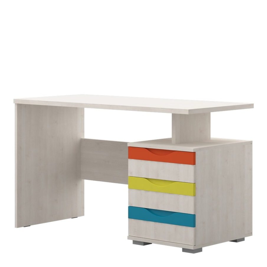 Masă de birou din pal pentru copii Joy Pin Polar, cu 3 sertare colorate diferit, în nuanțe vesele și jucăușe. Are dimensiunile de  L125xl60xH75 cm 