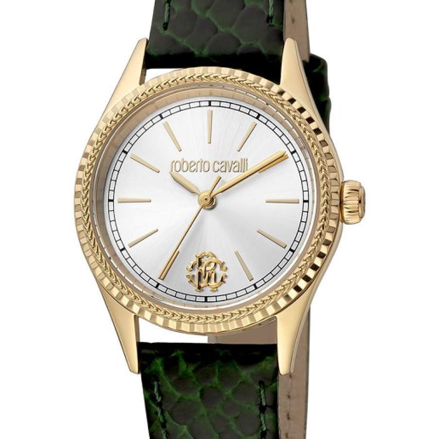 Ceas analog Roberto Cavalli cu brățară verde tip piele de șarpe 