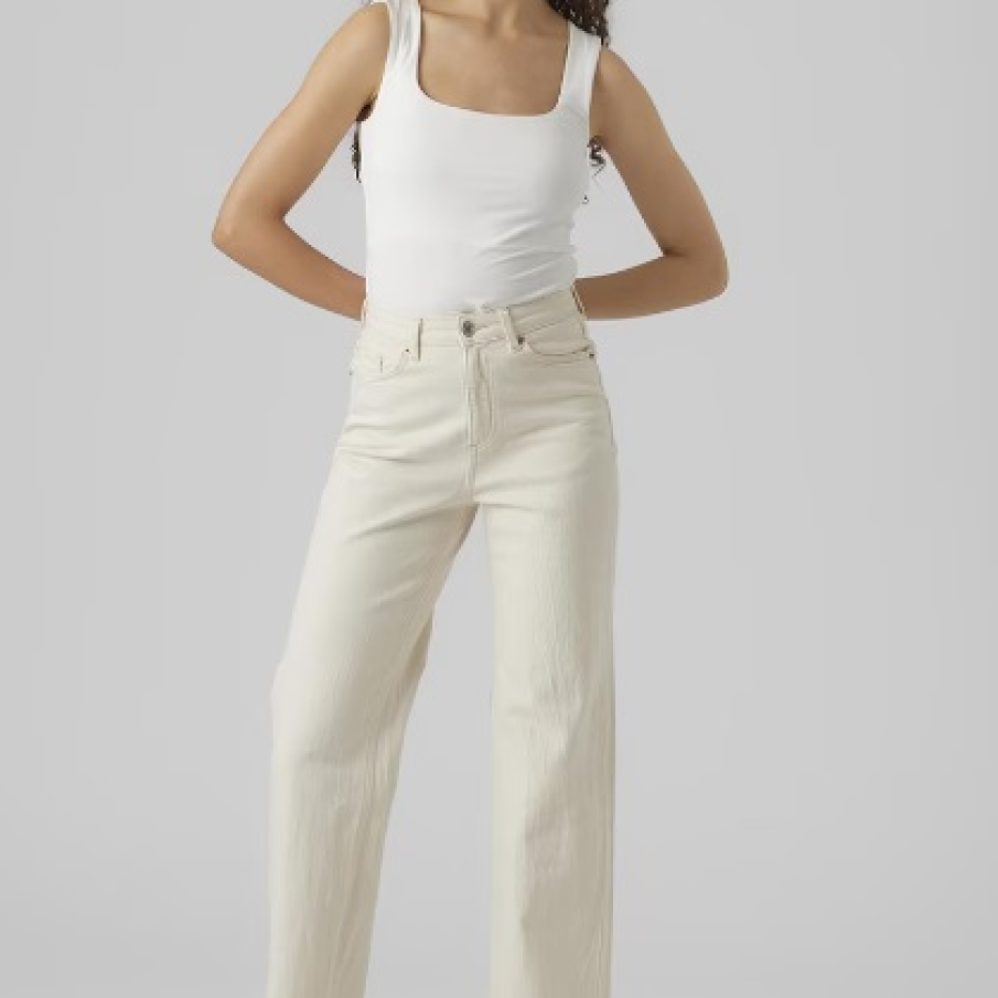 Blugi Vero Modă cu picior amplu, evazat, și talie înaltă, în nuanță de crem foarte light 