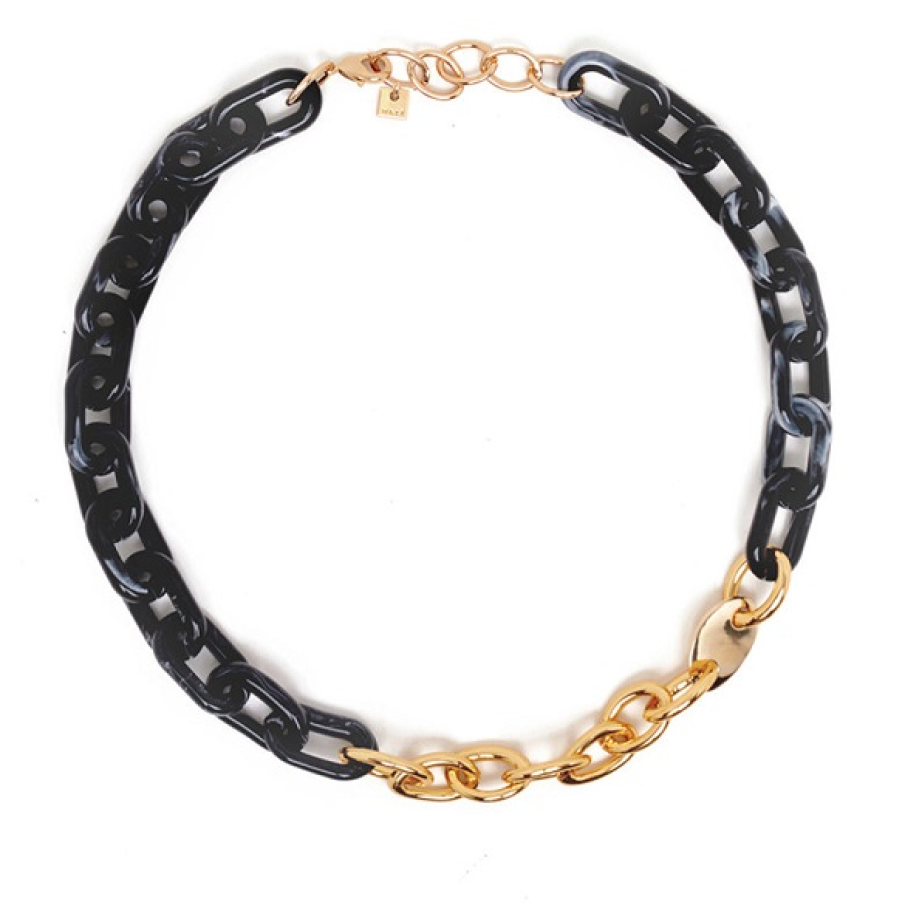 Colier scurt tip lanț, de efect, datorită combinație între metalul auriu și negrul abanos 