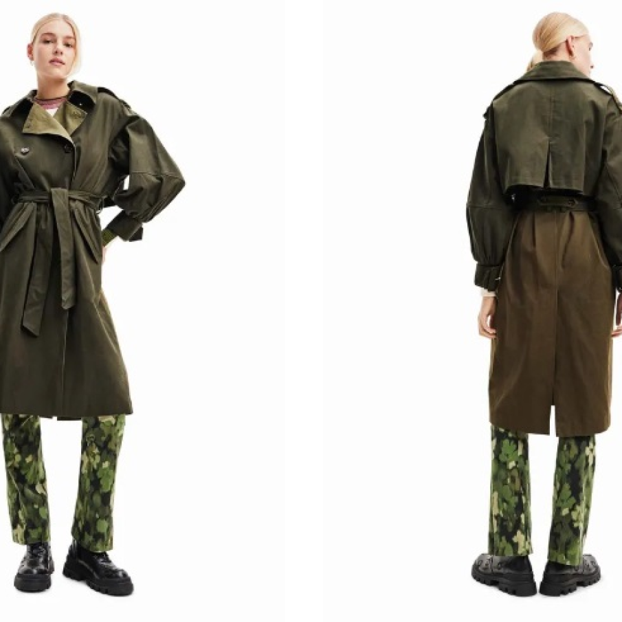 Trenci supradimensionat de la Desigual, de tranziție, în două nuanțe de verde. Căptușeala este 100% din bumbac 