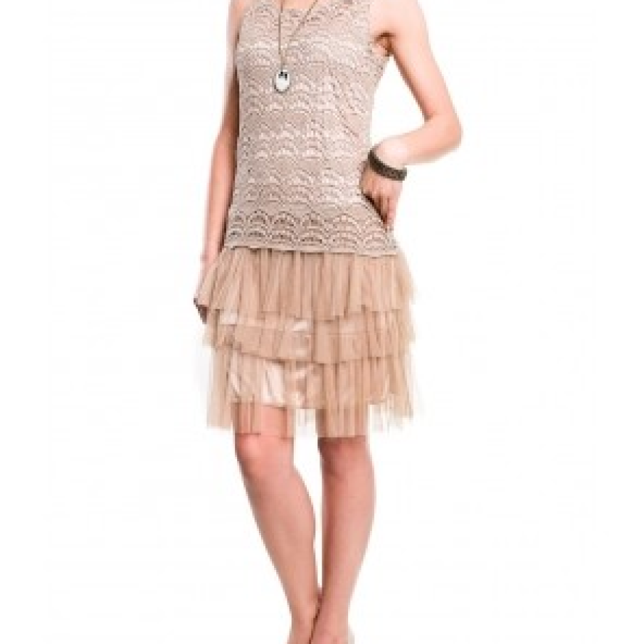Rochie flapper bej din dantela si voal