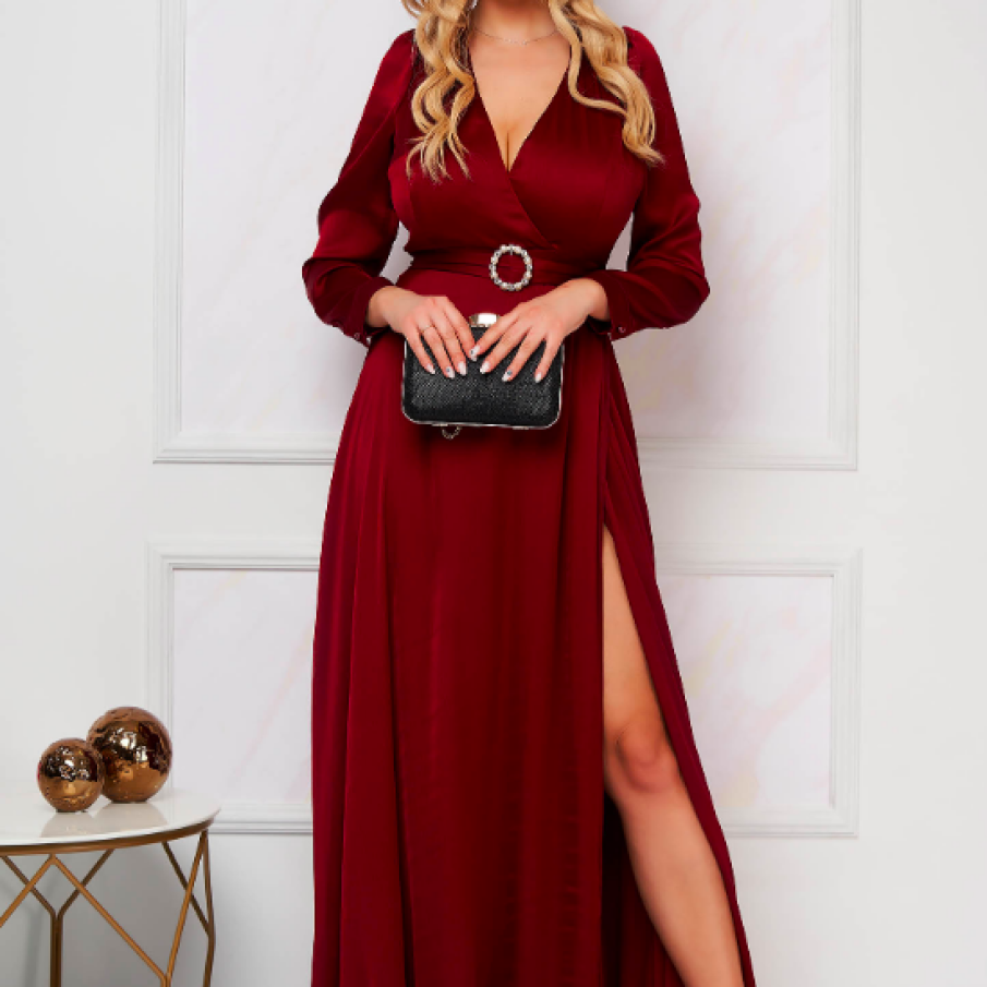 Rochie Artista vișinie lungă în cloș din voal material cu decolteu adânc