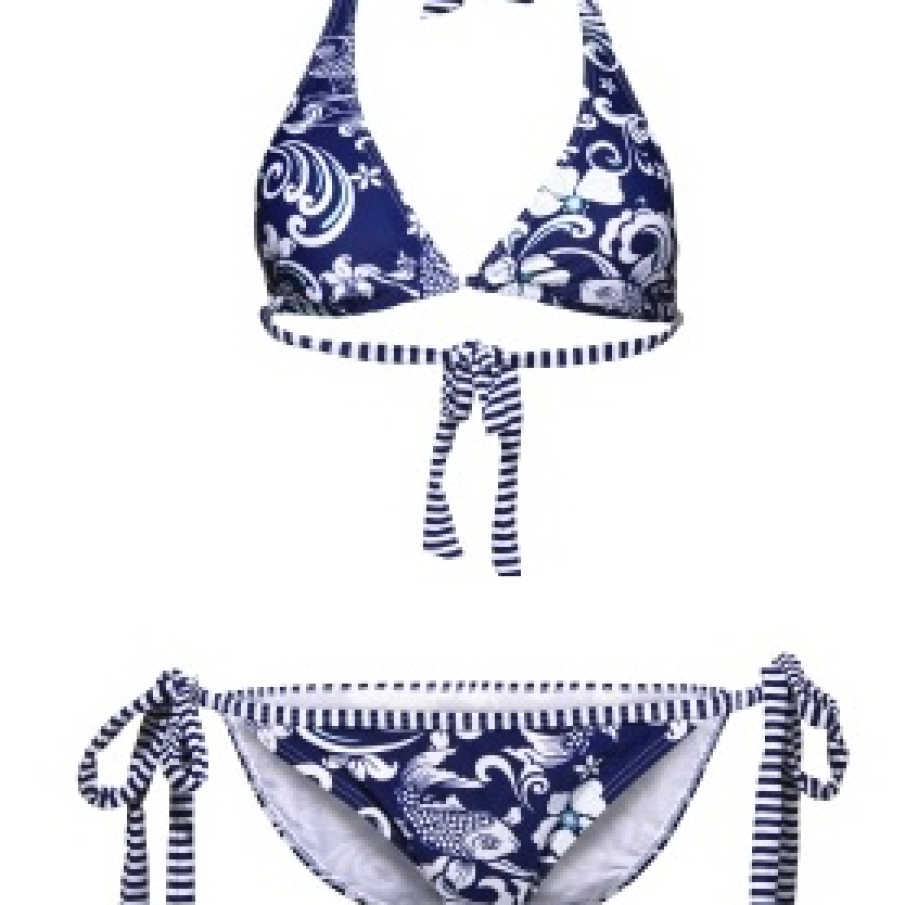 Costum de baie cu snur si imprimeuri albe