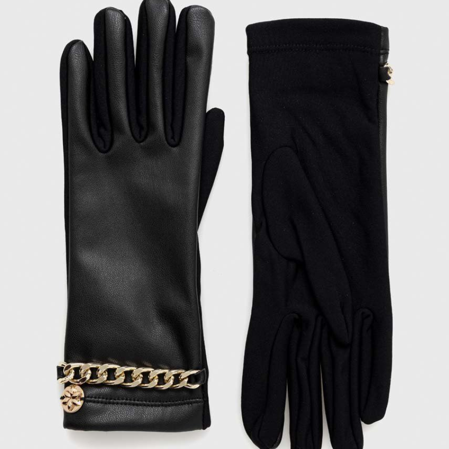 Mănuși elegante Granadilla, confecționate prin combinația a două materiale diferite. Au un detaliu auriu de efect și un lanț metalic decorativ.