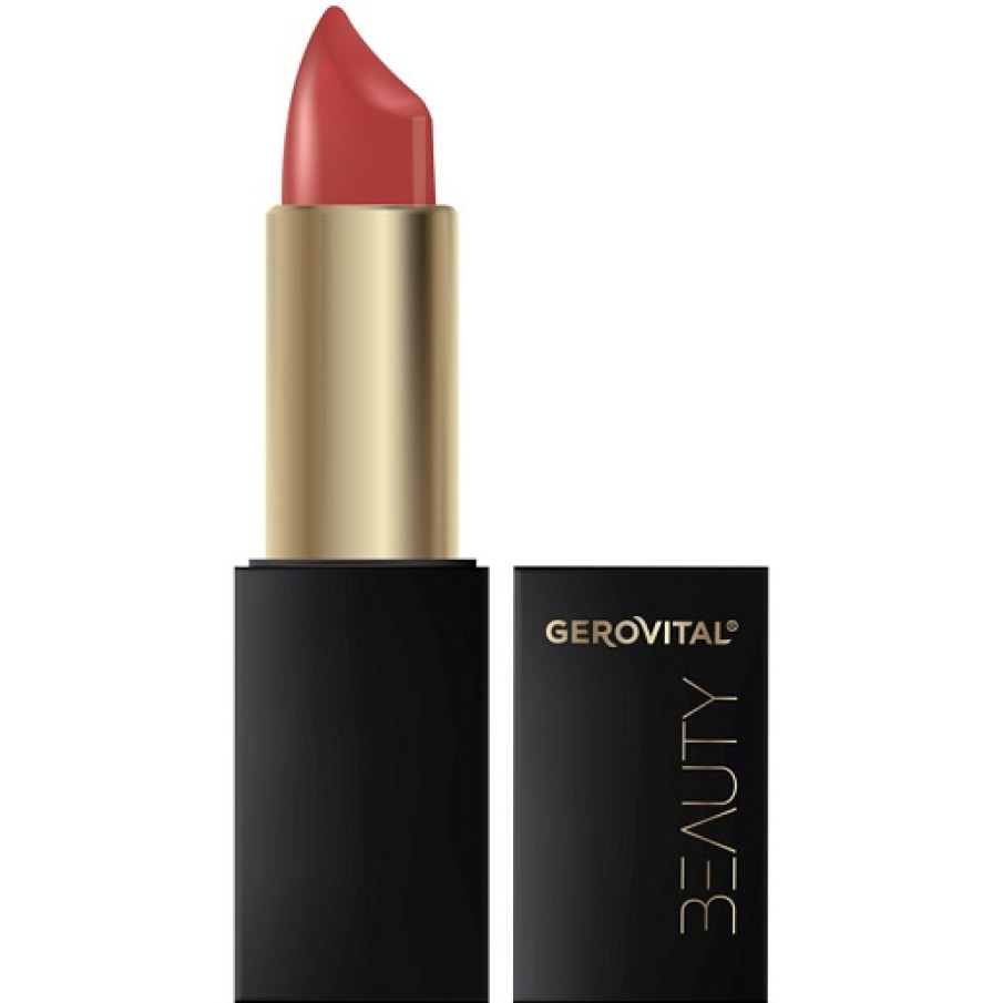 Ruj cremos cu acid hialuronic de la Gerovital. Are o acoperire completă și textură solidă, oferind buzelor un aspect plin, hidratat. 