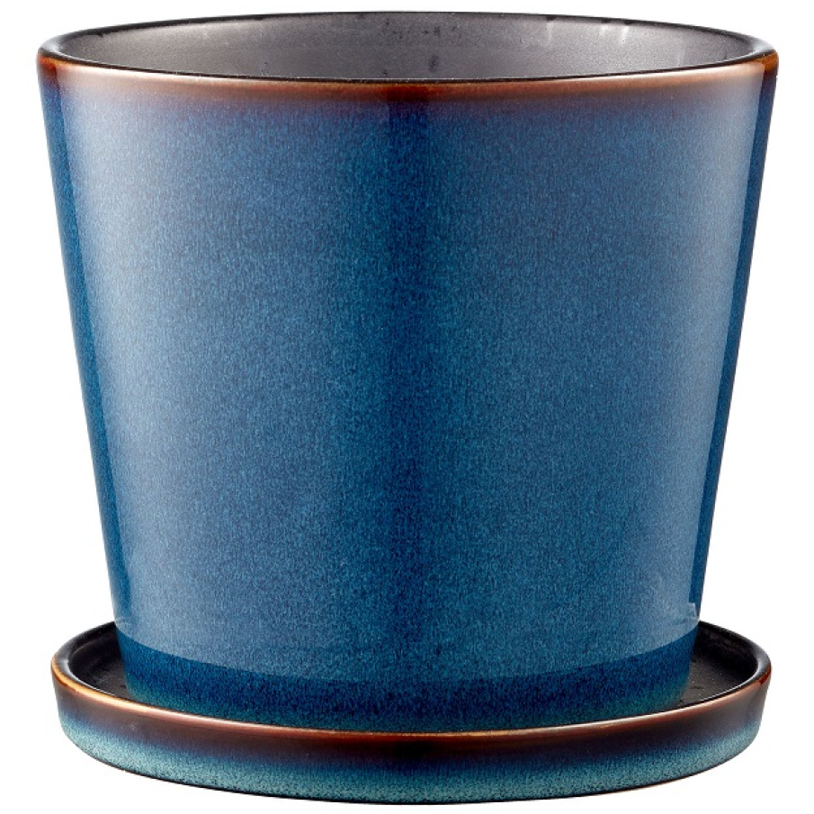 Ghiveci Bitz albastru intens, glazurat și elegant, având dimensiunile de 12.5 X 14 cm. 